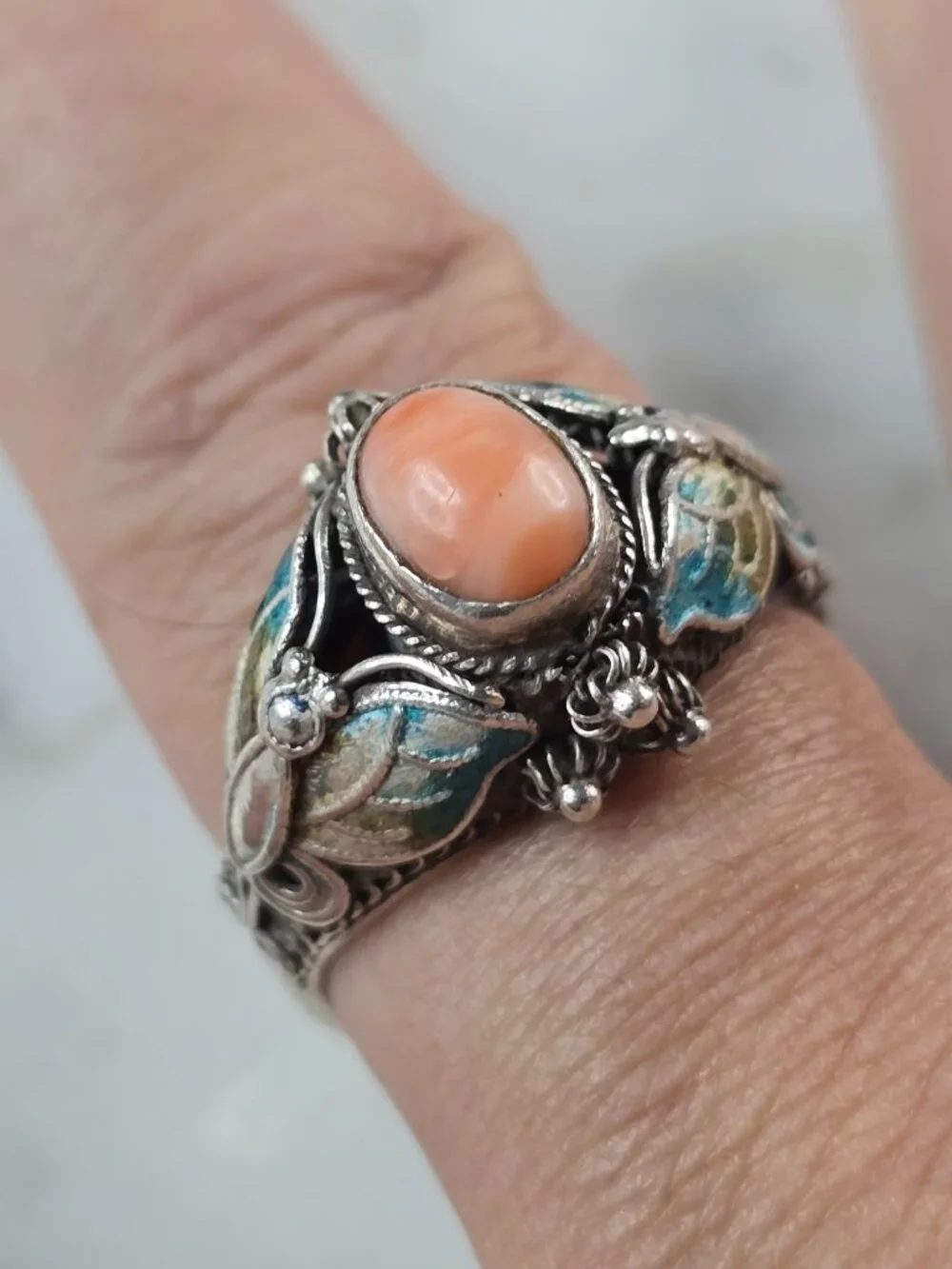 Womens Vintage Sterling Silver Southwest Coral Enamel Butterfly Ring 5.8g E635